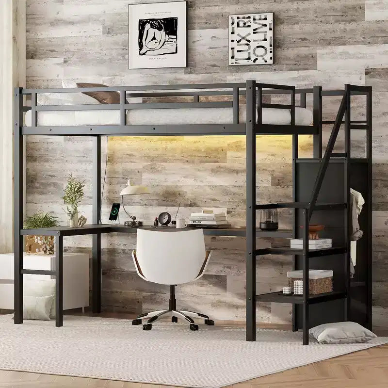 Bellemave Letto a soppalco Twin XL con scrivania a L, armadio e scale, letto a soppalco alto in metallo con USB, LED e ripiani per bambini, ragazzi e adulti, nero