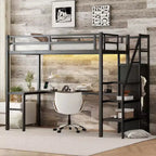 Bellemave Letto a soppalco Twin XL con scrivania a L, armadio e scale, letto a soppalco alto in metallo con USB, LED e ripiani per bambini, ragazzi e adulti, nero