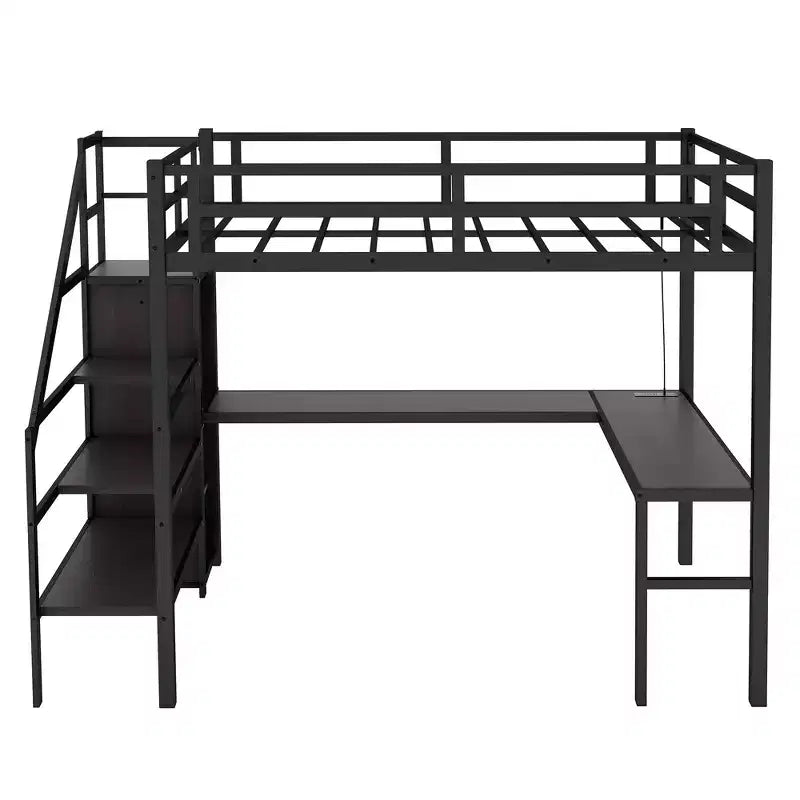 Bellemave Letto a soppalco Twin XL con scrivania a L, armadio e scale, letto a soppalco alto in metallo con USB, LED e ripiani per bambini, ragazzi e adulti, nero