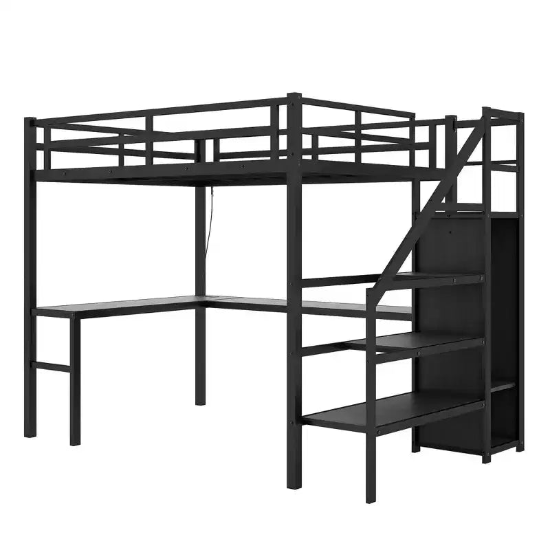 Bellemave Letto a soppalco Twin XL con scrivania a L, armadio e scale, letto a soppalco alto in metallo con USB, LED e ripiani per bambini, ragazzi e adulti, nero