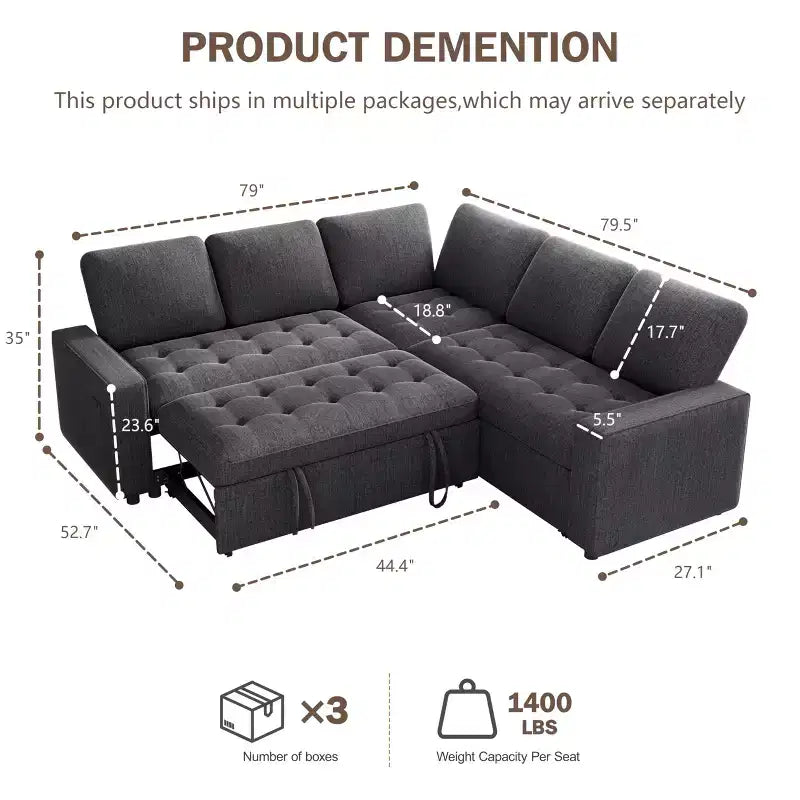 Divano Sezionale Modulare Dyonery 85 con Letto Estraibile, Divano a L a 5 Posti in Ciniglia con Porte USB, Schienale Regolabile e Contenitore