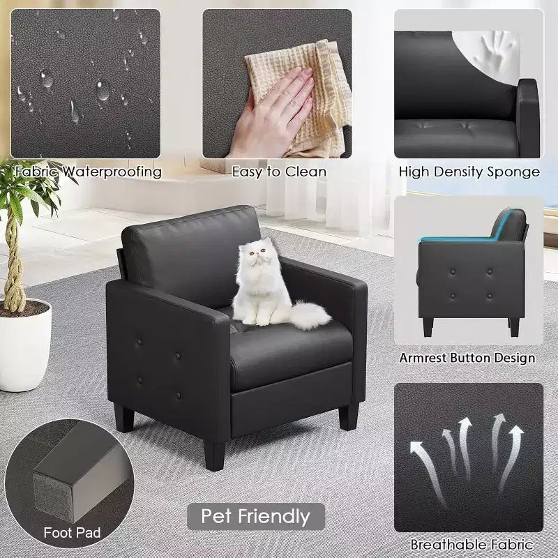 TYBOATLE Sedia Accent Nera, Sedia da Lettura Moderna in Ecopelle con Seduta Trapuntata per Soggiorno Camera da Letto Sala di Attesa