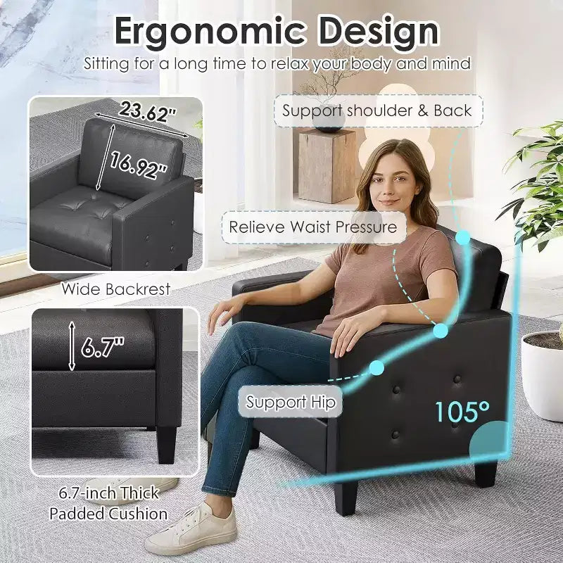 TYBOATLE Sedia Accent Nera, Sedia da Lettura Moderna in Ecopelle con Seduta Trapuntata per Soggiorno Camera da Letto Sala di Attesa