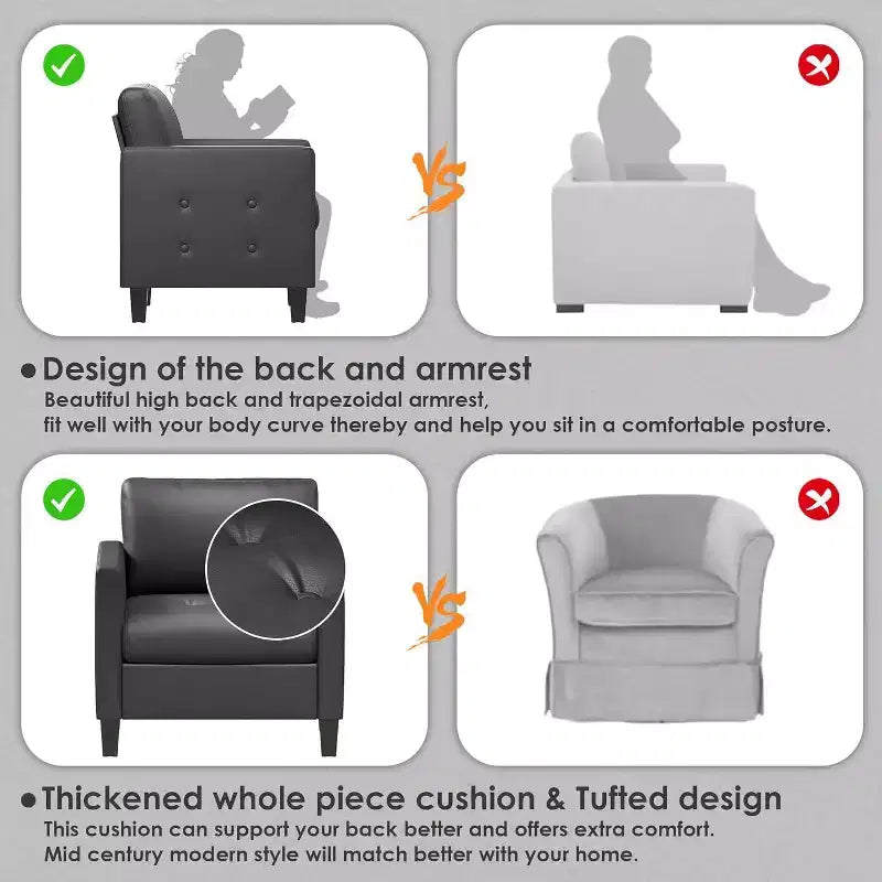 TYBOATLE Sedia Accent Nera, Sedia da Lettura Moderna in Ecopelle con Seduta Trapuntata per Soggiorno Camera da Letto Sala di Attesa