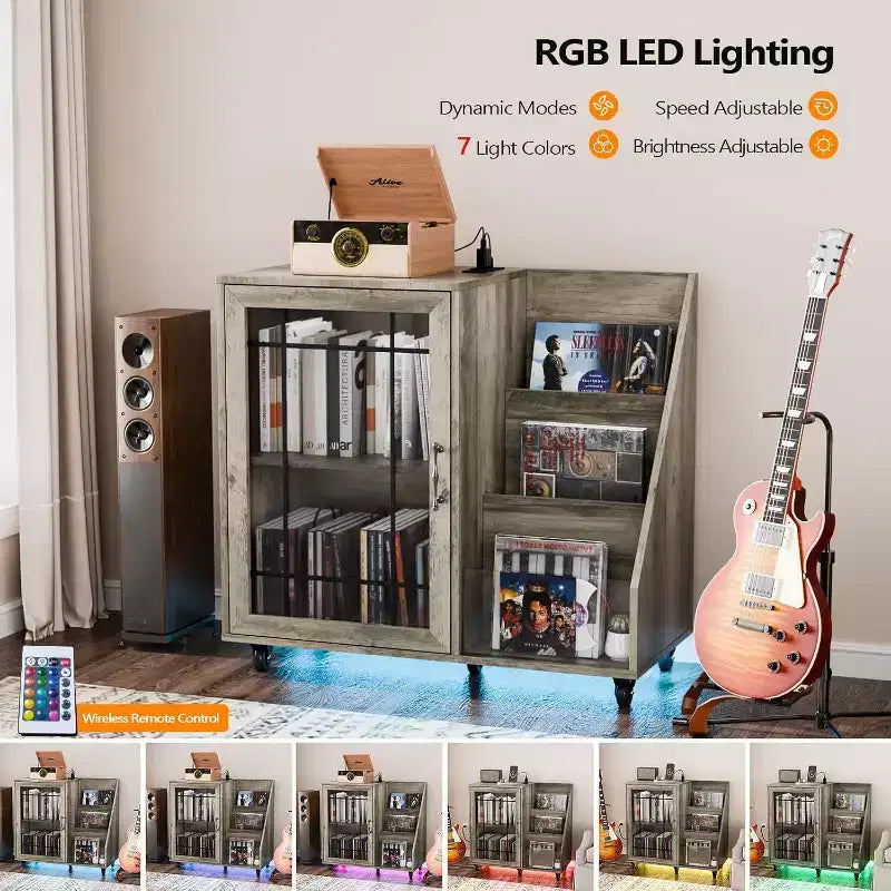 Mobile porta giradischi VINGLI con porta vinili, porta dischi in vinile per un massimo di 350 album, tavolo per giradischi con stazione di ricarica a LED