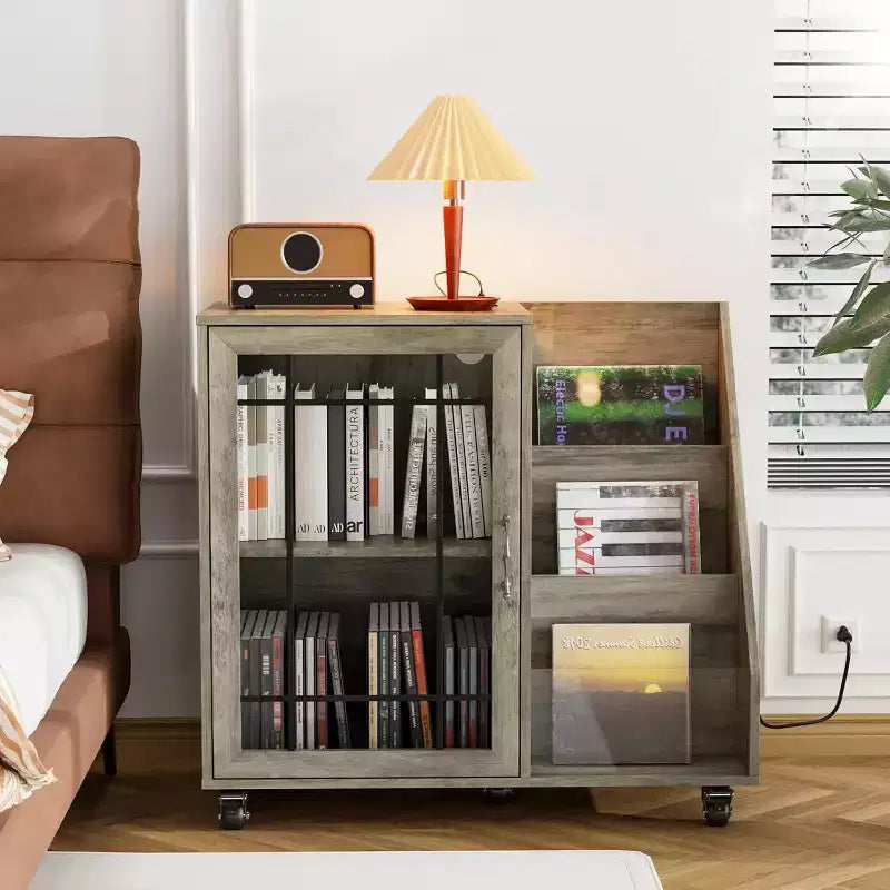 Mobile porta giradischi VINGLI con porta vinili, porta dischi in vinile per un massimo di 350 album, tavolo per giradischi con stazione di ricarica a LED