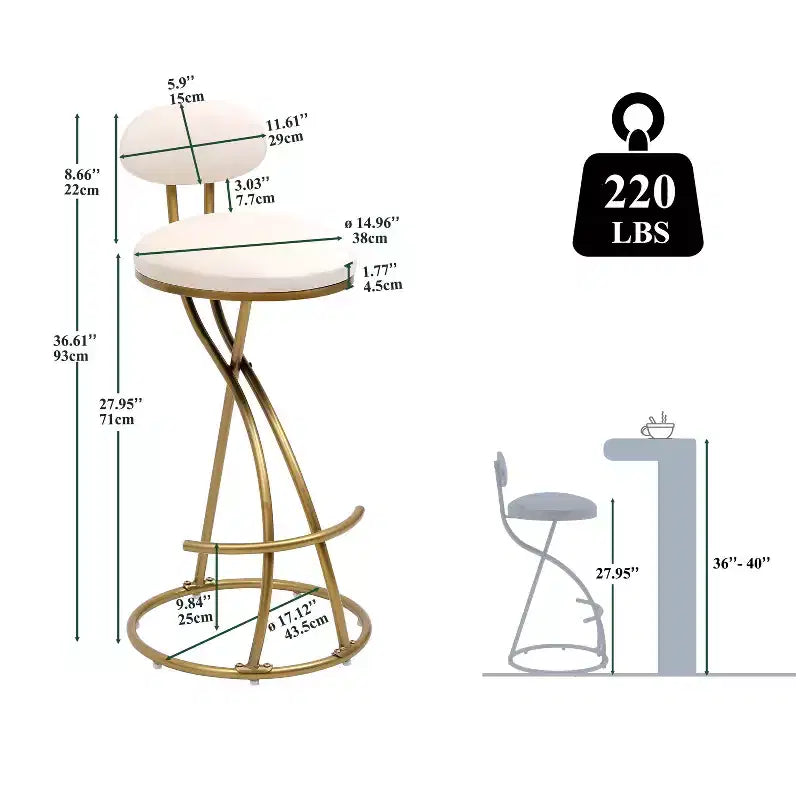 Sgabelli da bar Homy Casa, set da 2, in velluto, con struttura curva in metallo dorato e poggiapiedi, altezza seduta 71 cm, bianco crema