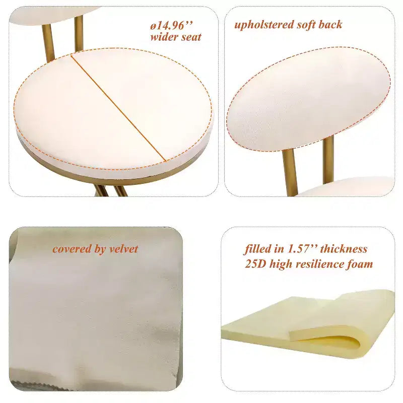 Sgabelli da bar Homy Casa, set da 2, in velluto, con struttura curva in metallo dorato e poggiapiedi, altezza seduta 71 cm, bianco crema