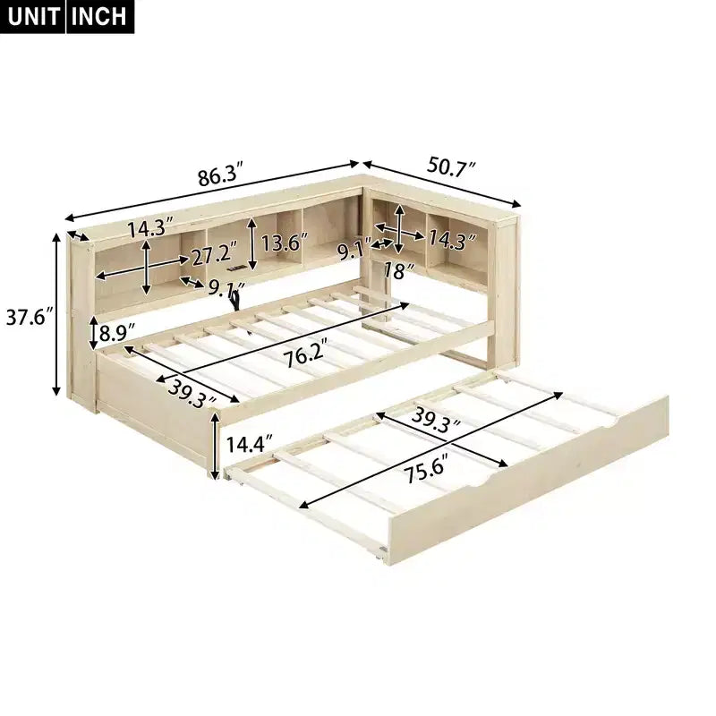 Divano letto singolo in legno con letto estraibile e armadietto, struttura letto a terra con mensole a libreria a L e porte USB per la camera da letto