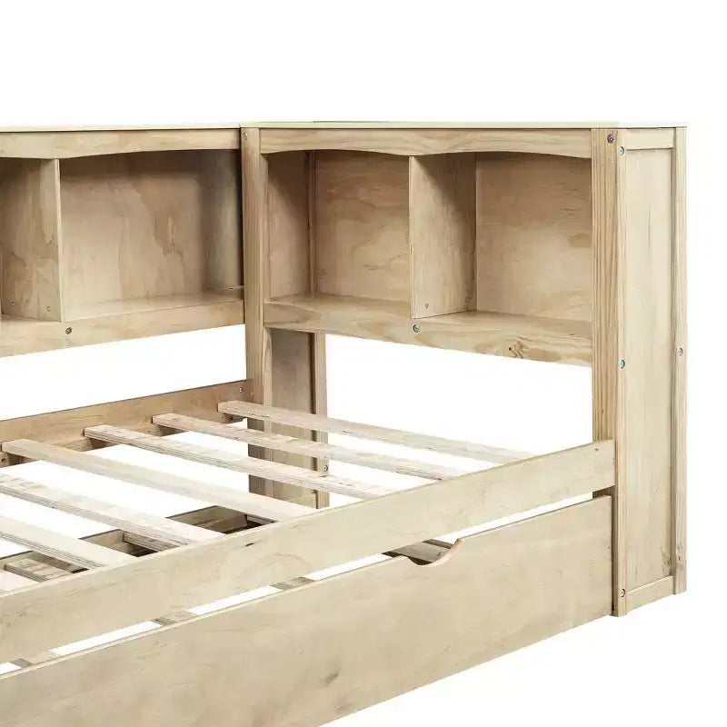 Divano letto singolo in legno con letto estraibile e armadietto, struttura letto a terra con mensole a libreria a L e porte USB per la camera da letto