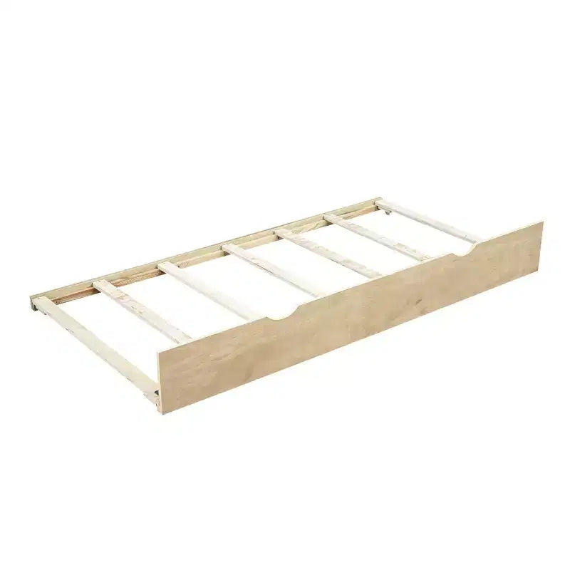 Divano letto singolo in legno con letto estraibile e armadietto, struttura letto a terra con mensole a libreria a L e porte USB per la camera da letto