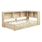 Divano letto singolo in legno con letto estraibile e armadietto, struttura letto a terra con mensole a libreria a L e porte USB per la camera da letto