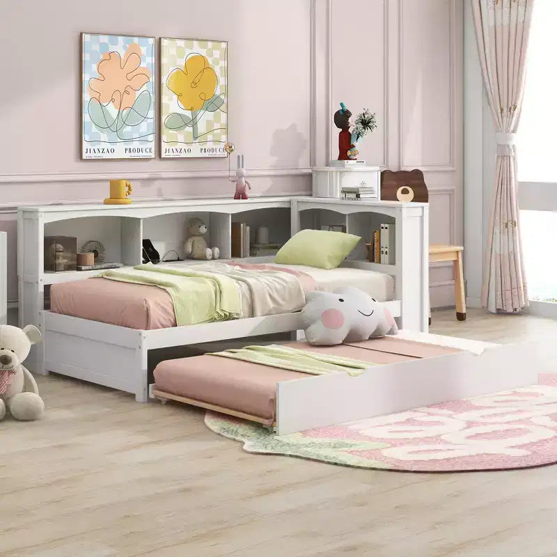 Divano letto singolo in legno con letto estraibile e armadietto, struttura letto a terra con mensole a libreria a L e porte USB per la camera da letto