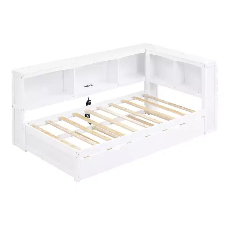 Divano letto singolo in legno con letto estraibile e armadietto, struttura letto a terra con mensole a libreria a L e porte USB per la camera da letto