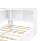 Divano letto singolo in legno con letto estraibile e armadietto, struttura letto a terra con mensole a libreria a L e porte USB per la camera da letto