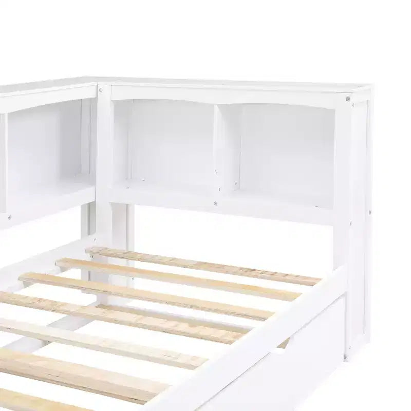 Divano letto singolo in legno con letto estraibile e armadietto, struttura letto a terra con mensole a libreria a L e porte USB per la camera da letto