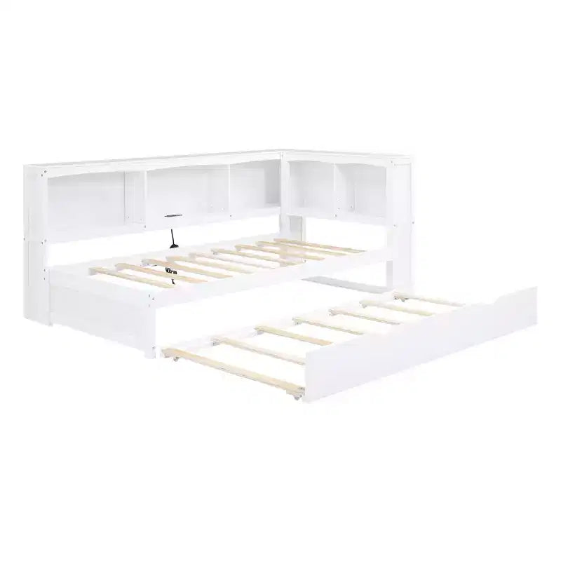 Divano letto singolo in legno con letto estraibile e armadietto, struttura letto a terra con mensole a libreria a L e porte USB per la camera da letto