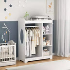 Whisen Kids Dress Up Storage with Mirror, Clothes Rack with Hanging Rod, 3 Side Hooks, Storage Shelves and Top Shelf - White