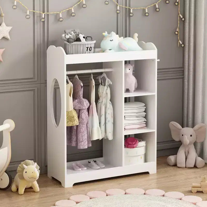 Whisen Mobile per Travestimenti Bambini con Specchio, Appendiabiti con Asta, 3 Ganci Laterali, Ripiani Contenitori e Ripiano Superiore - Bianco
