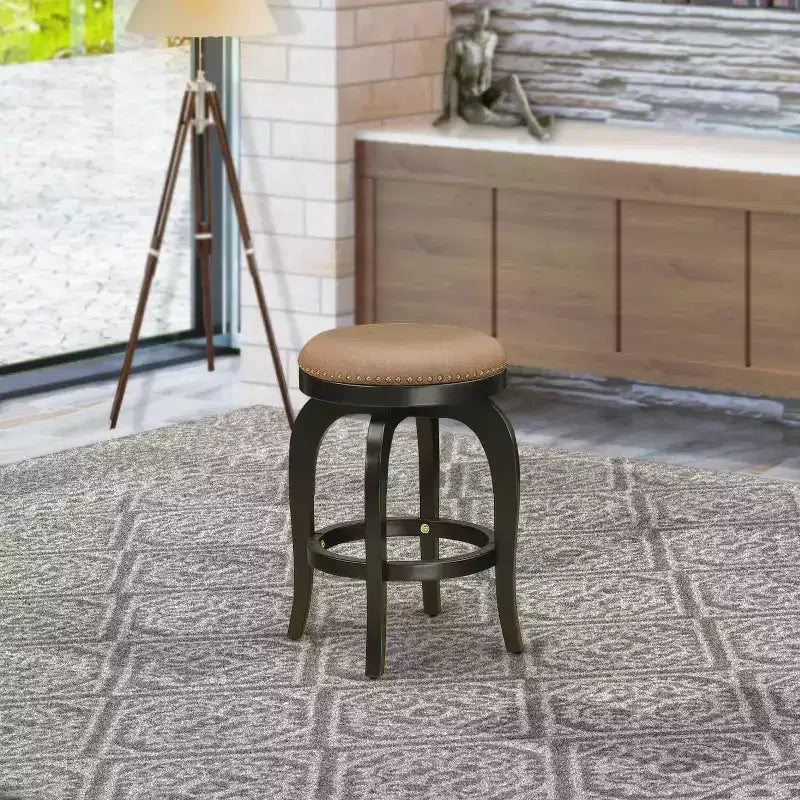 HomeStock 24 in.H Brown Finish Backless Wooden Counter Barstool in Round Shape with Faux Leather Upholstered
