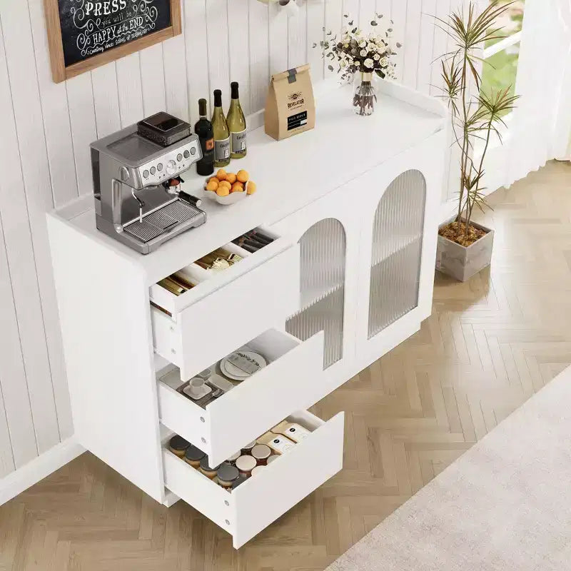 Credenza lunga in composito di legno resistente, design elegante in vetro,