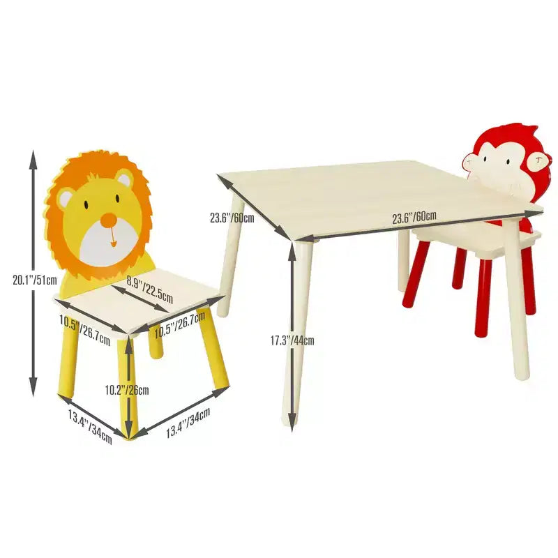 Set Tavolo e Sedie per Bambini Whisen 5 Pezzi, Tavolo in Legno per Bambini con 4 Sedie a Tema Animali dei Cartoni Animati