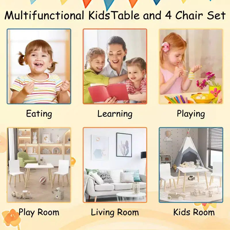 Set Tavolo e Sedie per Bambini Whisen 5 Pezzi, Tavolo in Legno per Bambini con 4 Sedie a Tema Animali dei Cartoni Animati