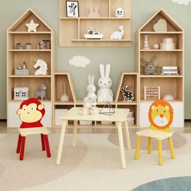 Set Tavolo e Sedie per Bambini Whisen 5 Pezzi, Tavolo in Legno per Bambini con 4 Sedie a Tema Animali dei Cartoni Animati