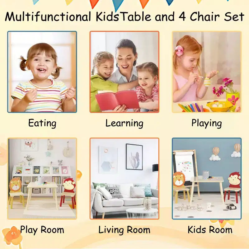 Set Tavolo e Sedie per Bambini Whisen 5 Pezzi, Tavolo in Legno per Bambini con 4 Sedie a Tema Animali dei Cartoni Animati