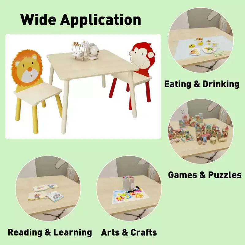 Set Tavolo e Sedie per Bambini Whisen 5 Pezzi, Tavolo in Legno per Bambini con 4 Sedie a Tema Animali dei Cartoni Animati