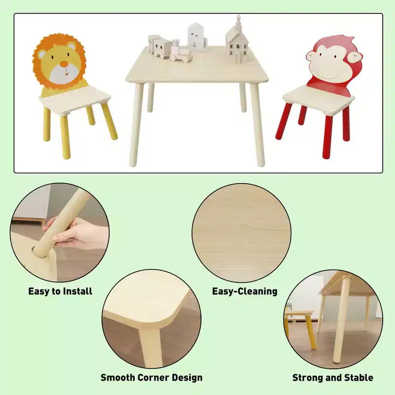 Set Tavolo e Sedie per Bambini Whisen 5 Pezzi, Tavolo in Legno per Bambini con 4 Sedie a Tema Animali dei Cartoni Animati