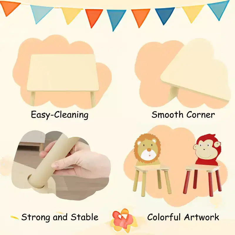 Set Tavolo e Sedie per Bambini Whisen 5 Pezzi, Tavolo in Legno per Bambini con 4 Sedie a Tema Animali dei Cartoni Animati