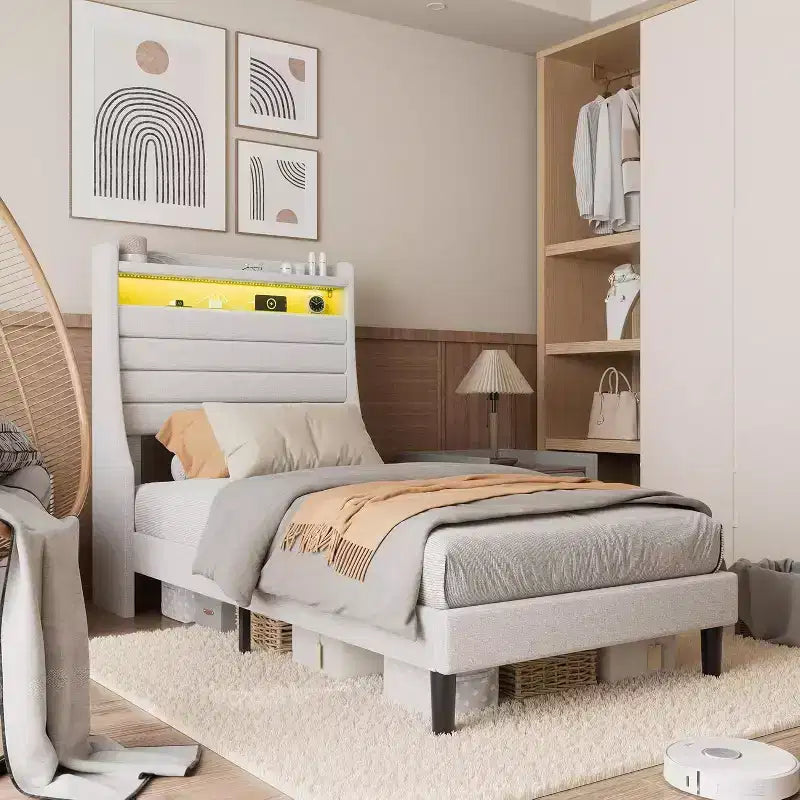 Acekool Struttura letto singolo con stazione di ricarica e luci a LED, letto a piattaforma imbottito con testiera contenitore, doghe in legno, beige