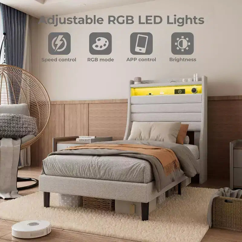Acekool Struttura letto singolo con stazione di ricarica e luci a LED, letto a piattaforma imbottito con testiera contenitore, doghe in legno, beige