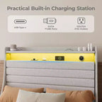 Acekool Struttura letto singolo con stazione di ricarica e luci a LED, letto a piattaforma imbottito con testiera contenitore, doghe in legno, beige