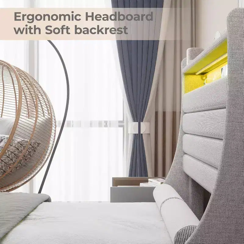 Acekool Struttura letto singolo con stazione di ricarica e luci a LED, letto a piattaforma imbottito con testiera contenitore, doghe in legno, beige