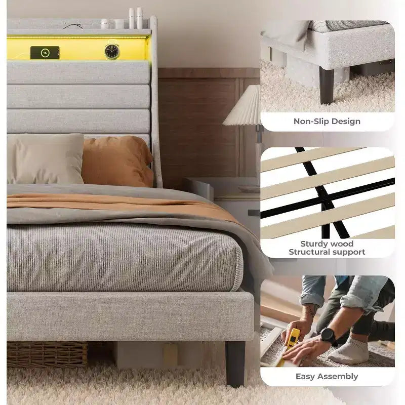 Acekool Struttura letto singolo con stazione di ricarica e luci a LED, letto a piattaforma imbottito con testiera contenitore, doghe in legno, beige