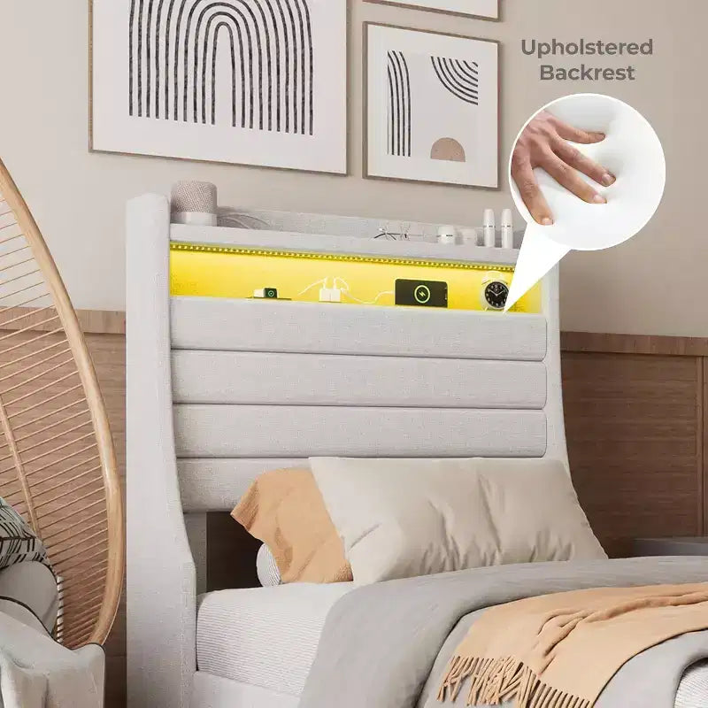 Acekool Struttura letto singolo con stazione di ricarica e luci a LED, letto a piattaforma imbottito con testiera contenitore, doghe in legno, beige