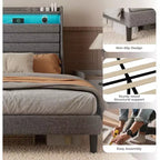Acekool Struttura letto singolo con stazione di ricarica e luci a LED, letto a piattaforma imbottito con testiera contenitore, doghe in legno, beige