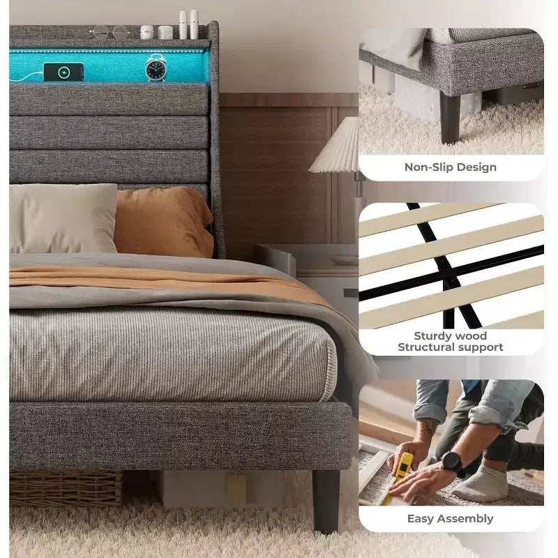 Acekool Struttura letto singolo con stazione di ricarica e luci a LED, letto a piattaforma imbottito con testiera contenitore, doghe in legno, beige