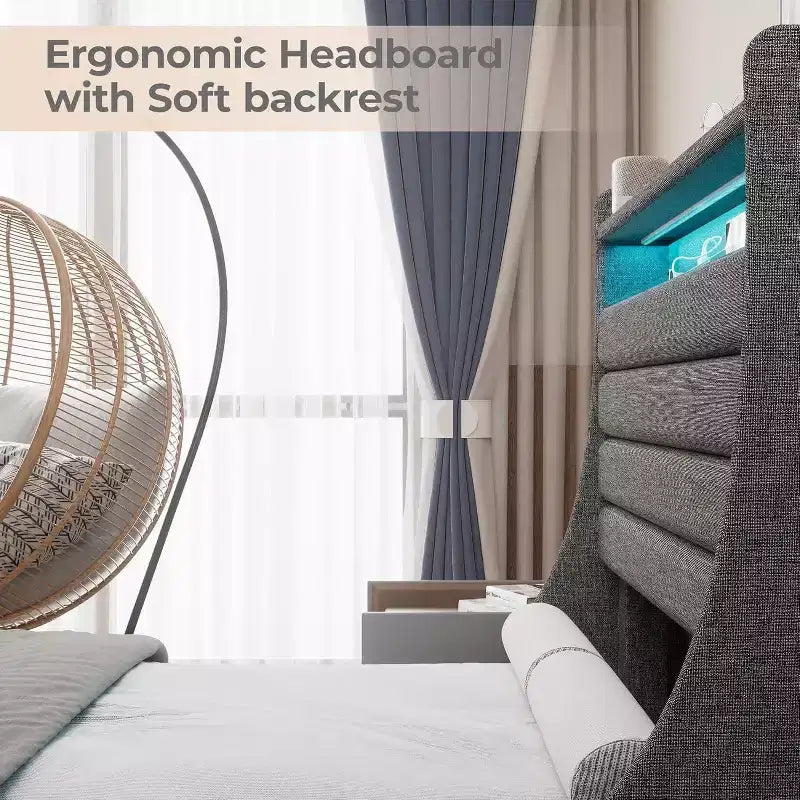 Acekool Struttura letto singolo con stazione di ricarica e luci a LED, letto a piattaforma imbottito con testiera contenitore, doghe in legno, beige
