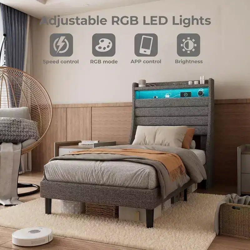 Acekool Struttura letto singolo con stazione di ricarica e luci a LED, letto a piattaforma imbottito con testiera contenitore, doghe in legno, beige