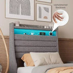 Acekool Struttura letto singolo con stazione di ricarica e luci a LED, letto a piattaforma imbottito con testiera contenitore, doghe in legno, beige