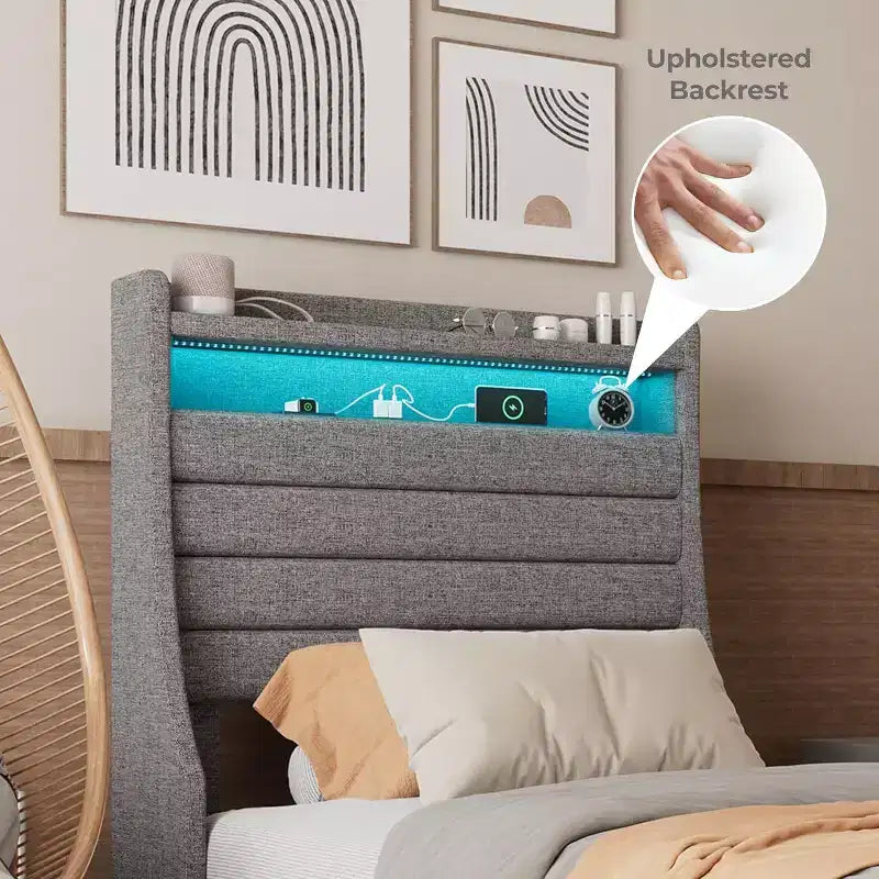 Acekool Struttura letto singolo con stazione di ricarica e luci a LED, letto a piattaforma imbottito con testiera contenitore, doghe in legno, beige