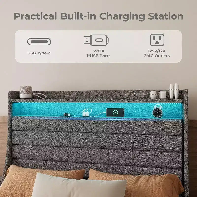 Acekool Struttura letto singolo con stazione di ricarica e luci a LED, letto a piattaforma imbottito con testiera contenitore, doghe in legno, beige