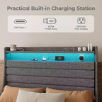 Acekool Struttura letto singolo con stazione di ricarica e luci a LED, letto a piattaforma imbottito con testiera contenitore, doghe in legno, beige