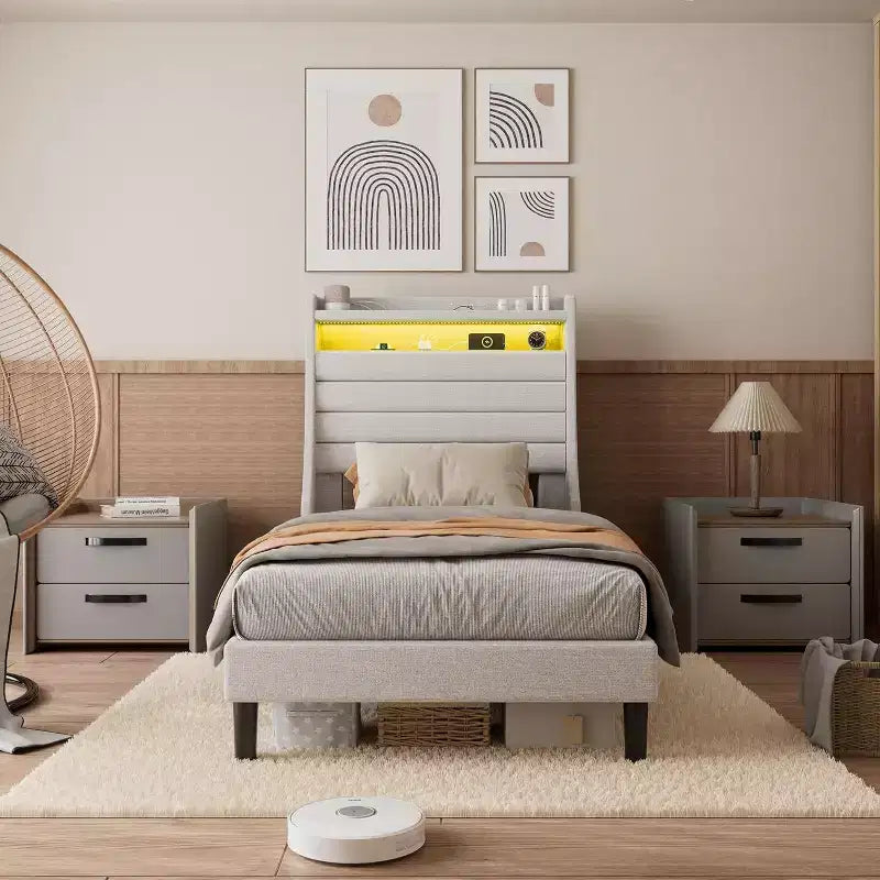 Acekool Struttura letto singolo con stazione di ricarica e luci a LED, letto a piattaforma imbottito con testiera contenitore, doghe in legno, beige