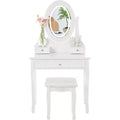 Vanity Desk With Mirror and Lights, Wood Makeup Dressing Table With Oval Mirror & Stool