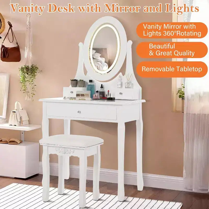 Scrivania da trucco con specchio e luci, tavolino da trucco in legno con specchio ovale e sgabello