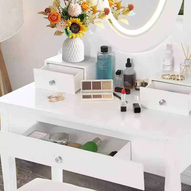 Scrivania da trucco con specchio e luci, tavolino da trucco in legno con specchio ovale e sgabello
